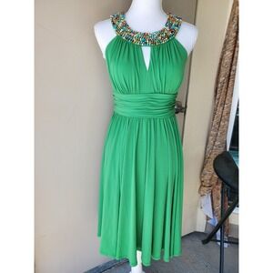 SUZI CHIN Maggy Boutique Midi Dress Womens 2 Green Colorful Beaded Neck Stretch